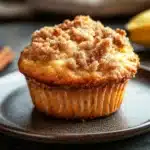 Close-up of banana muffins with streusel topping on a clean background