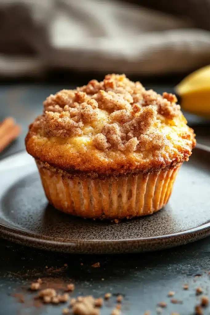 Close-up of banana muffins with streusel topping on a clean background