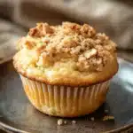 Close-up of banana muffins with streusel topping on a clean background.