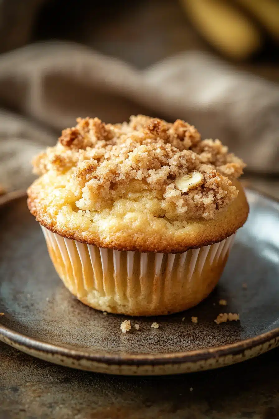Close-up of banana muffins with streusel topping on a clean background.