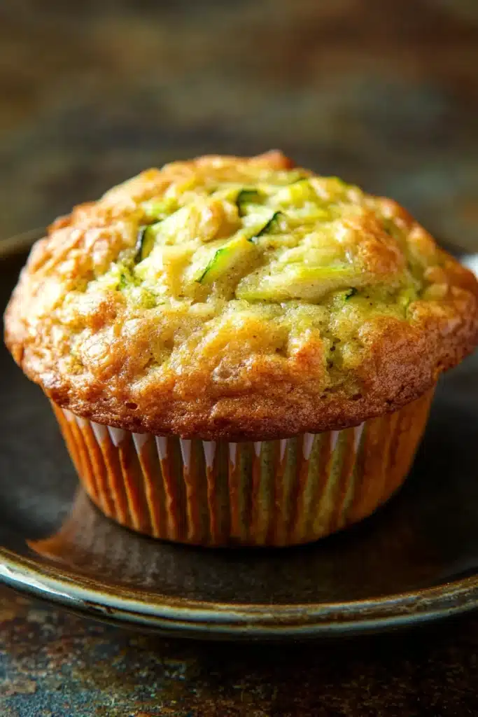 Close-up of a banana muffin with oil and zucchini on a clean background.