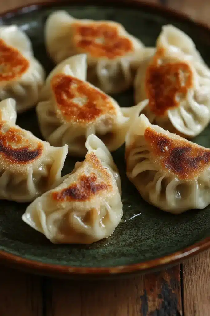 Close-up of beef chicken dumplings with a clean, minimal background.