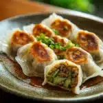 Close-up of beef chicken dumplings with a clean background and warm lighting.