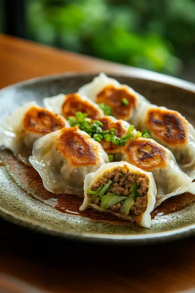 Close-up of beef chicken dumplings with a clean background and warm lighting.