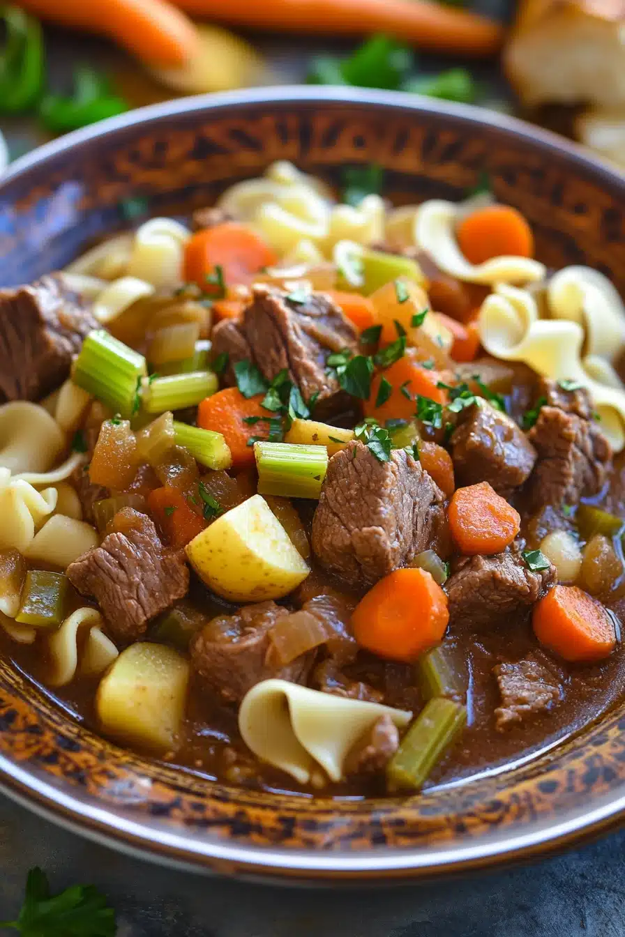 Close-up of beef stew and noodles in a crock pot with rich sauce and vegetables.