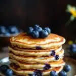 Close-up of blueberry muffin pancakes with fresh blueberries and syrup