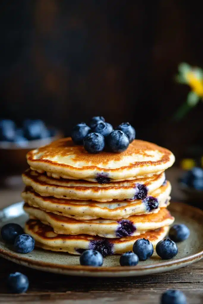 Close-up of blueberry muffin pancakes with fresh blueberries and syrup