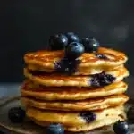 Close-up of blueberry muffin pancakes with fresh blueberries and syrup