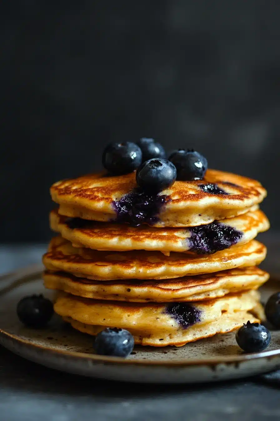 Close-up of blueberry muffin pancakes with fresh blueberries and syrup