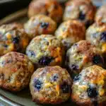 Close-up of blueberry muffin sausage balls with a golden crust on a clean white background.