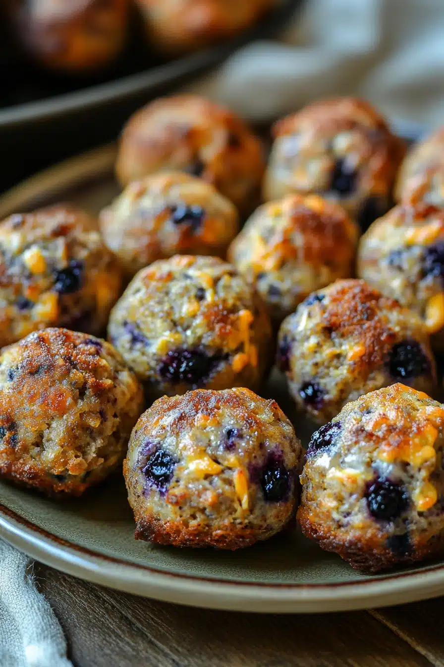 Close-up of blueberry muffin sausage balls with a golden crust on a clean white background.