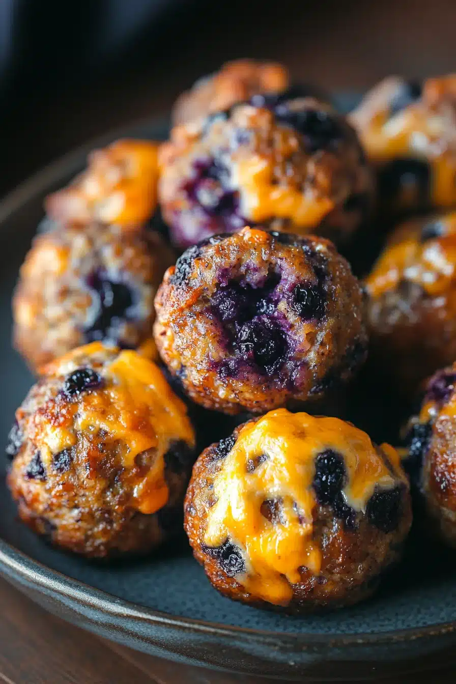 Close-up of blueberry muffin sausage balls with a golden crust on a clean background