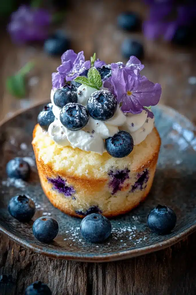 Close-up of a blueberry muffin shortcake with fresh blueberries and cream.