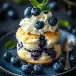 Close-up of a blueberry muffin shortcake with fresh blueberries and cream