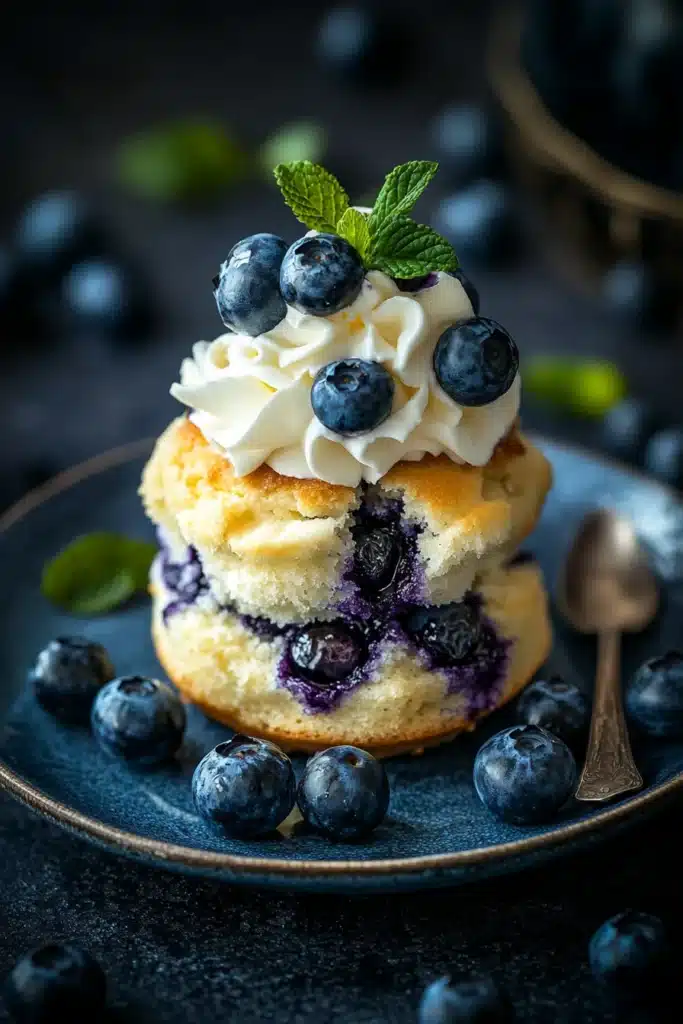 Close-up of a blueberry muffin shortcake with fresh blueberries and cream