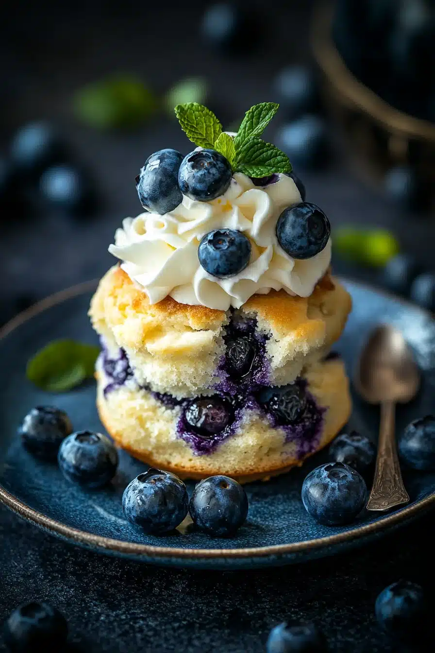 Close-up of a blueberry muffin shortcake with fresh blueberries and cream