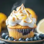 Close-up of a blueberry muffin with lemon meringue topping on a clean background