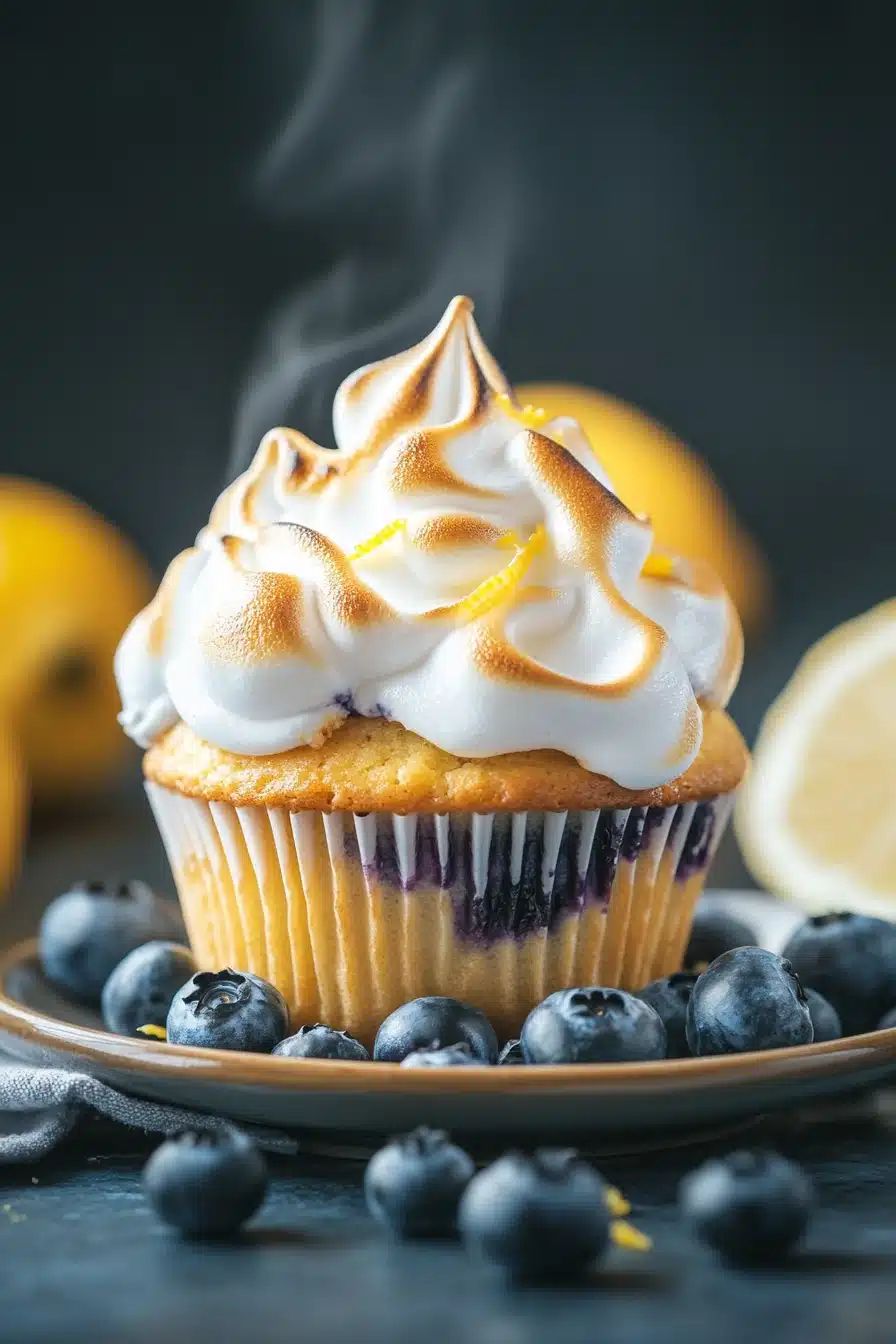 Close-up of a blueberry muffin with lemon meringue topping on a clean background