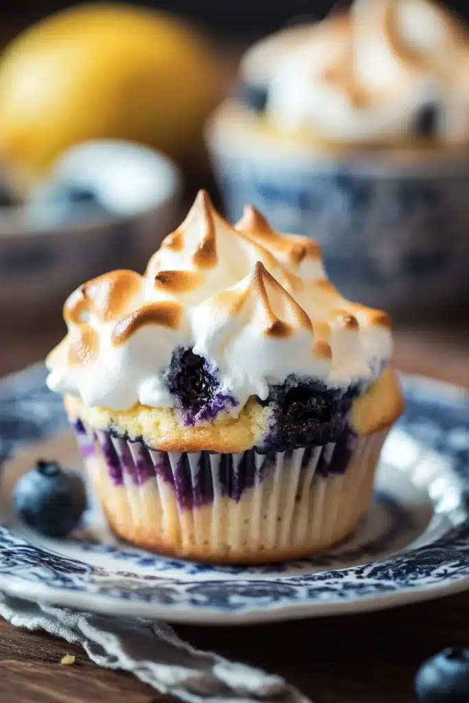Close-up of a blueberry muffin topped with lemon meringue on a clean background