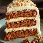Close-up of a slice of carrot cake from scratch with creamy frosting on a white plate.