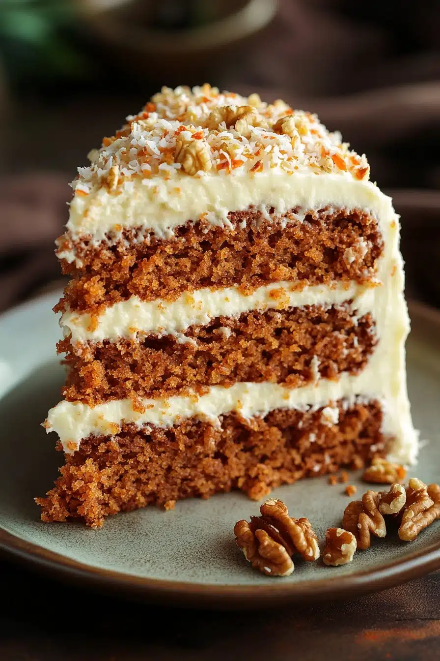 Close-up of a slice of carrot cake from scratch with creamy frosting on a white plate.
