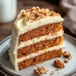 Close-up of a slice of carrot cake from scratch with creamy frosting and visible carrot pieces.