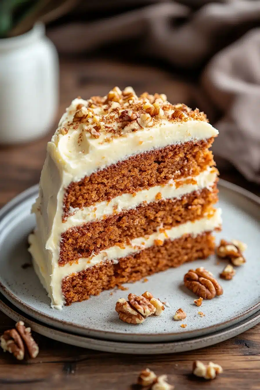 Close-up of a slice of carrot cake from scratch with creamy frosting and visible carrot pieces.