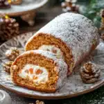 Close-up of a carrot cake jelly roll with cream cheese filling on a white plate