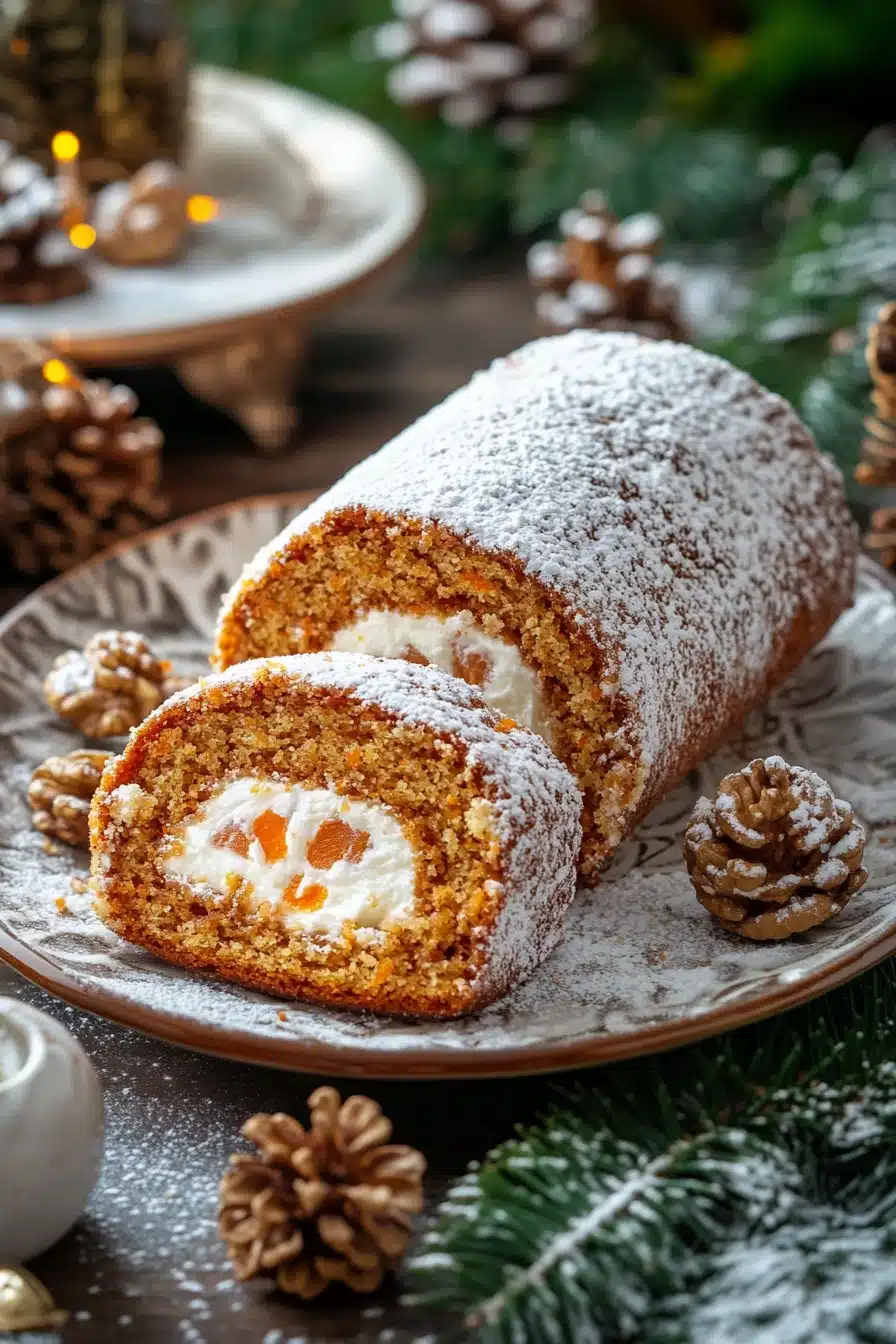 Close-up of a carrot cake jelly roll with cream cheese filling on a white plate
