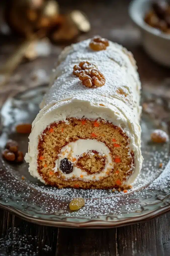 Close-up of a carrot cake jelly roll with cream cheese filling on a white plate.
