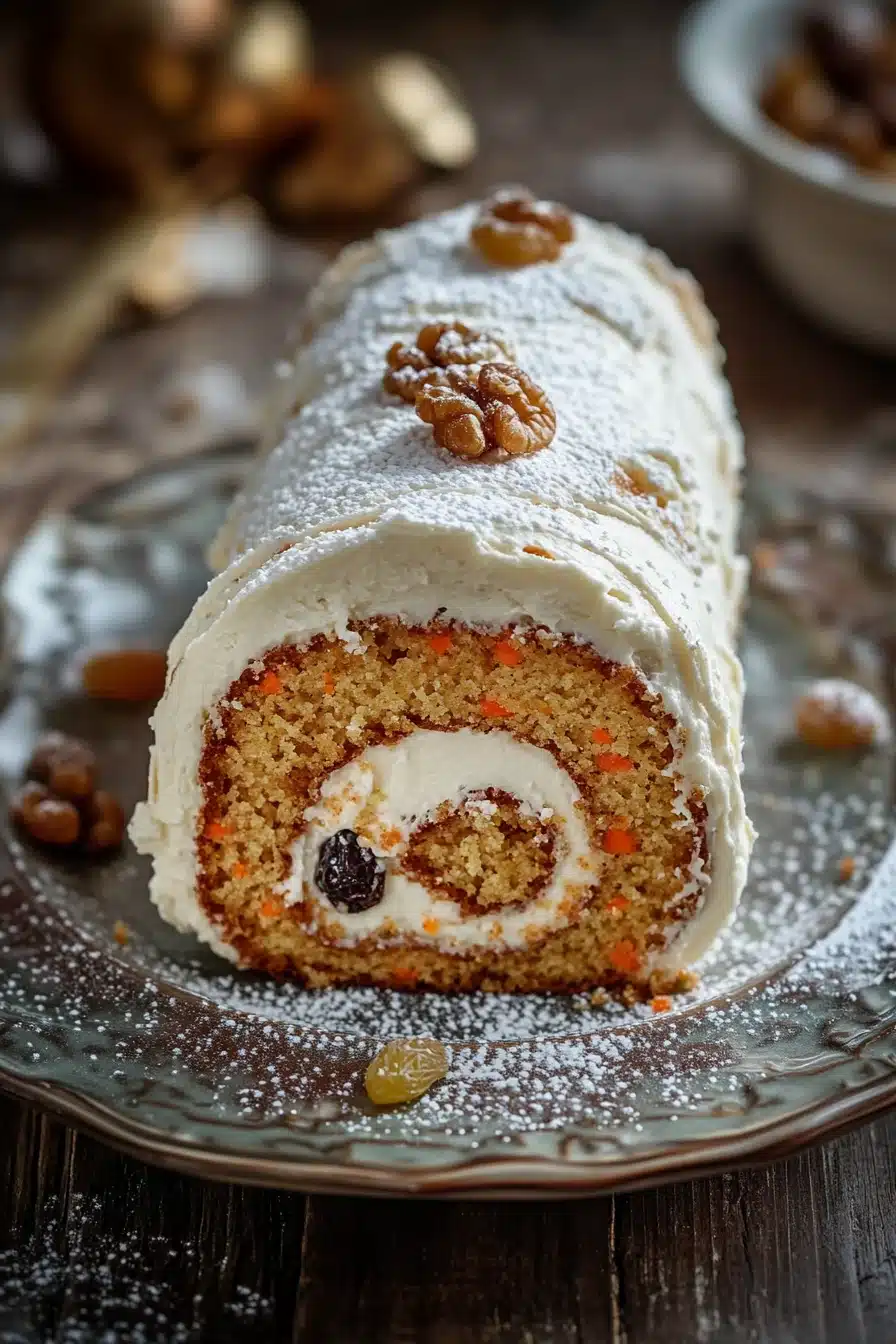 Close-up of a carrot cake jelly roll with cream cheese filling on a white plate.