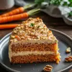 Close-up of a slice of keto carrot cake with cream cheese frosting on a white plate.