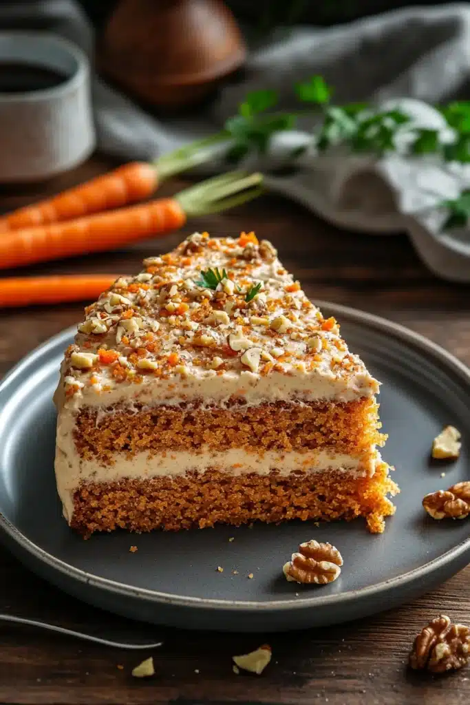Close-up of a slice of keto carrot cake with cream cheese frosting on a white plate.