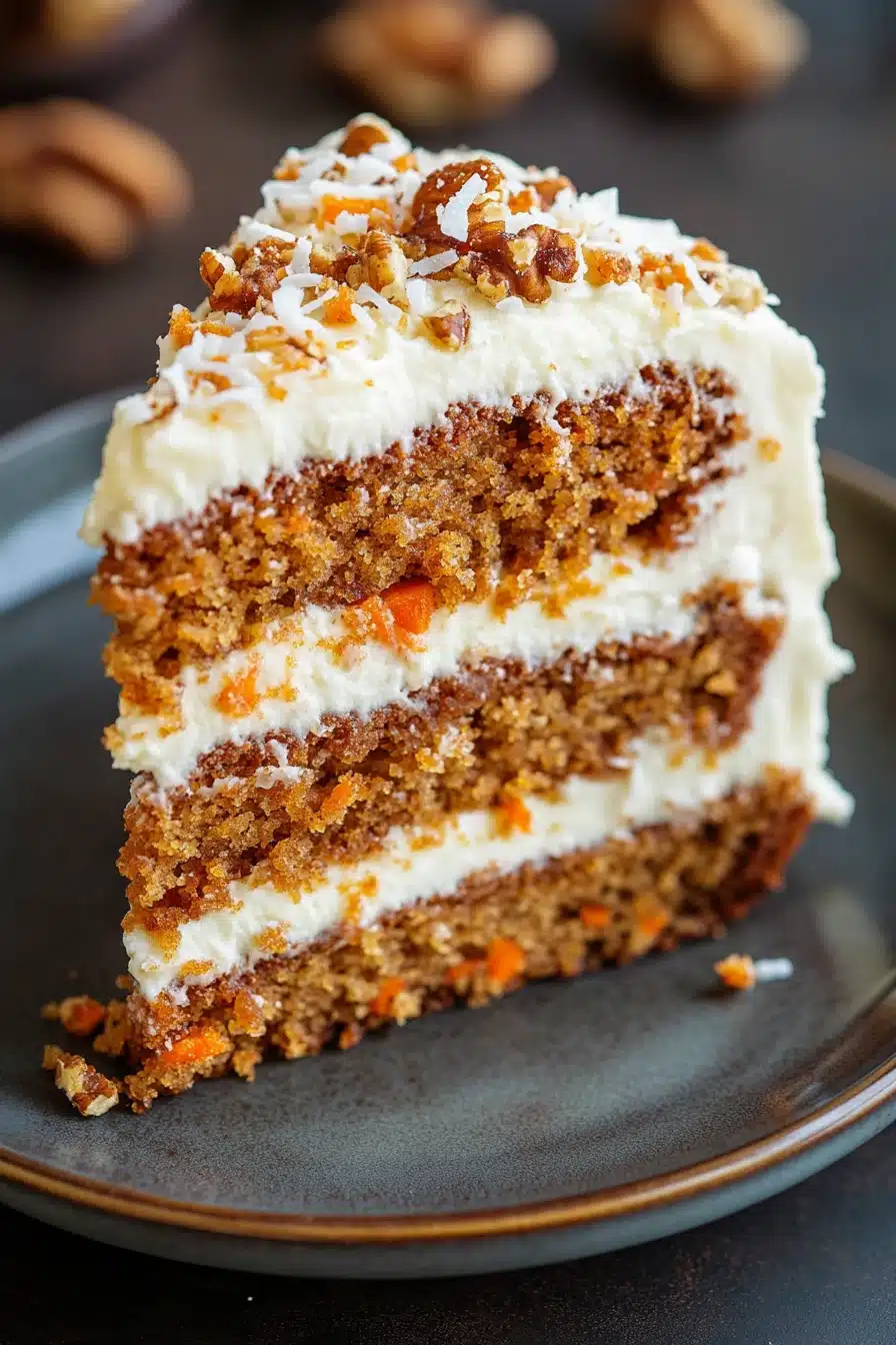 Close-up of a carrot cake with coconut topping on a white plate with a clean background.