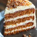 Close-up of a carrot cake with coconut topping, showcasing its texture and detail.