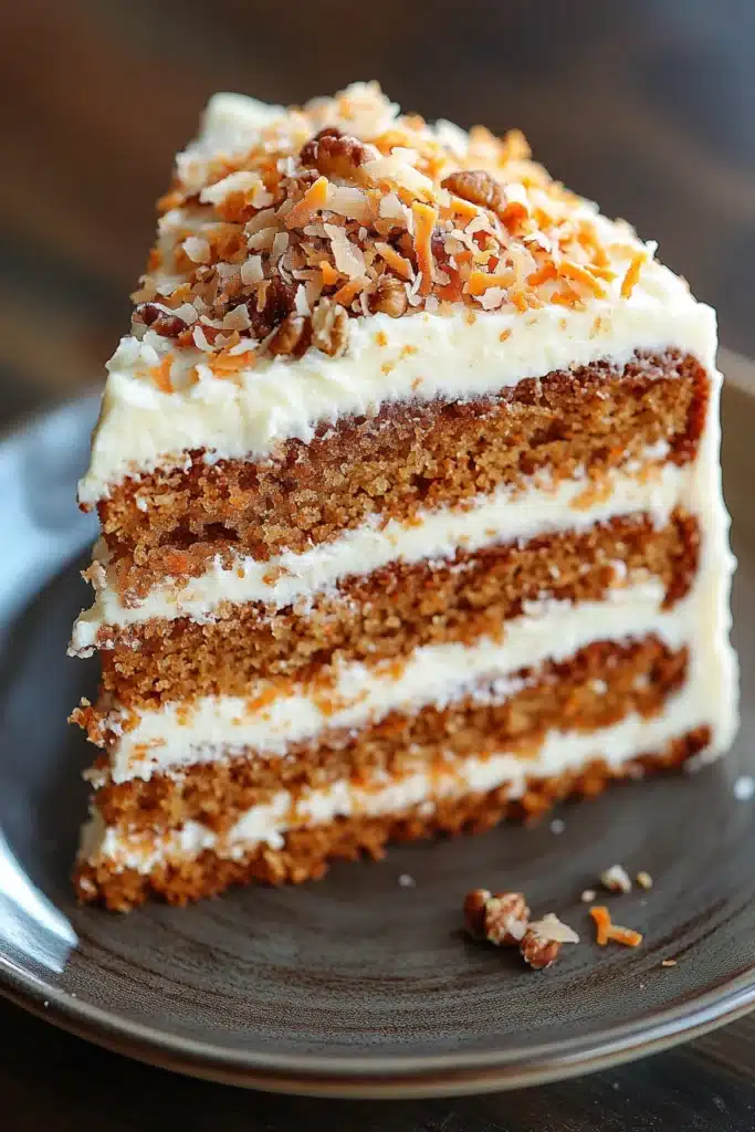 Close-up of a carrot cake with coconut topping, showcasing its texture and detail.