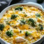 Close-up of cheesy chicken broccoli rice casserole with a golden crust