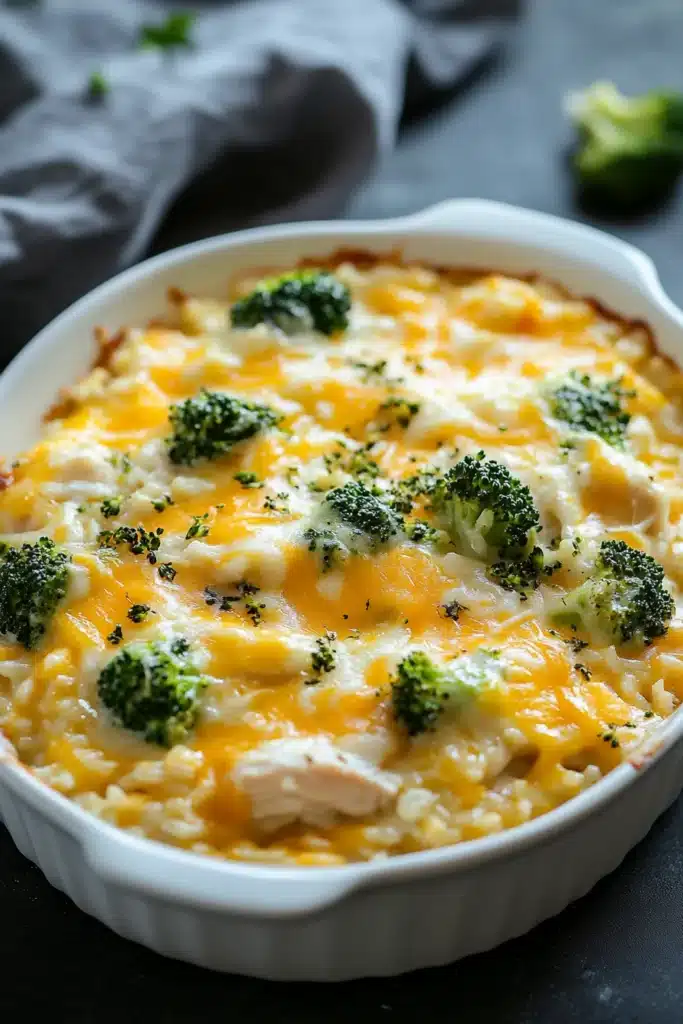 Close-up of cheesy chicken broccoli rice casserole with a golden crust