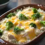 Close-up of cheesy chicken broccoli rice casserole with a golden crust and vibrant broccoli.