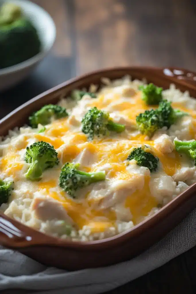 Close-up of cheesy chicken broccoli rice casserole with a golden crust and vibrant broccoli.