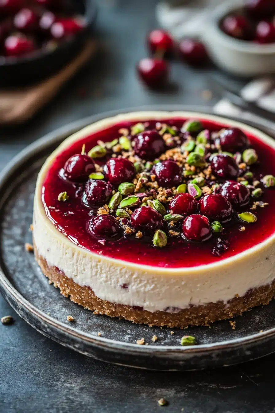 Close-up of a cherry pistachio cheesecake with vibrant cherries and green pistachios on top.