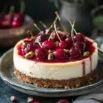 Close-up of cherry pistachio cheesecake with a smooth creamy texture and vibrant toppings.