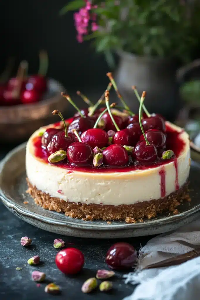 Close-up of cherry pistachio cheesecake with a smooth creamy texture and vibrant toppings.