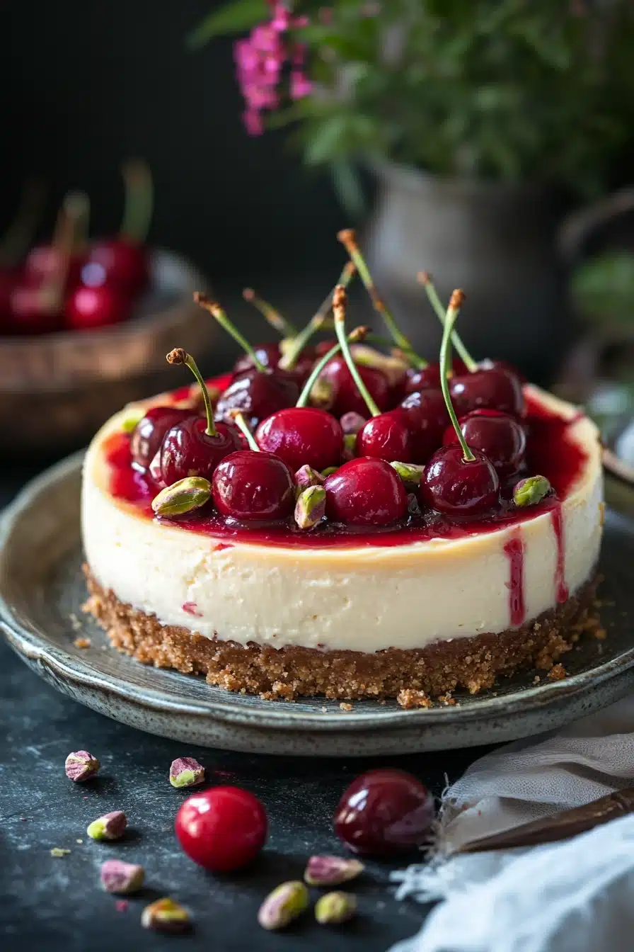 Close-up of cherry pistachio cheesecake with a smooth creamy texture and vibrant toppings.