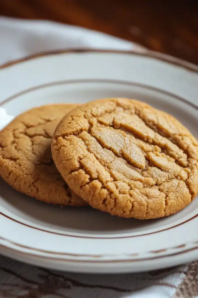 Close-up of chewy cookie butter cookies with a golden brown texture on a minimal background.