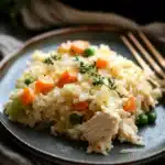 Close-up of a chicken and rice casserole, dairy-free, with a golden crust and herbs.