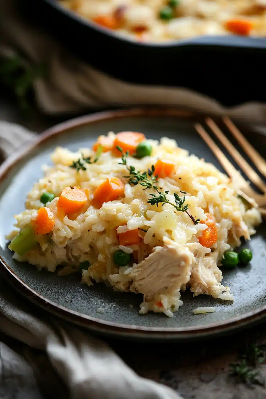 Close-up of a chicken and rice casserole, dairy-free, with a golden crust and herbs.