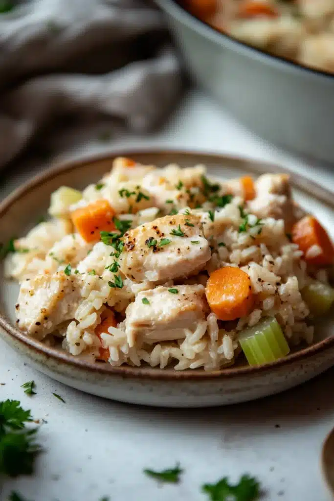 Close-up of a chicken and rice casserole with a golden crust, served in a white dish.