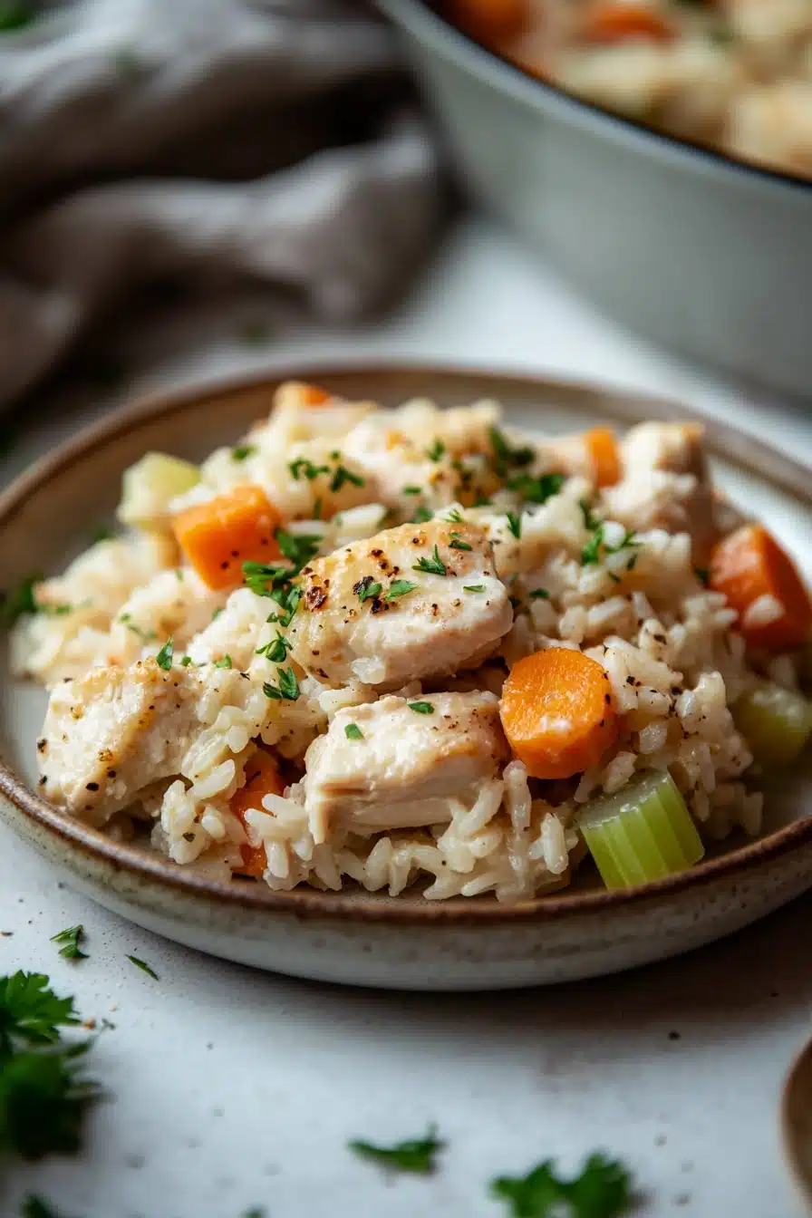 Close-up of a chicken and rice casserole with a golden crust, served in a white dish.