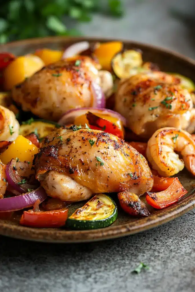 Close-up of a chicken and shrimp sheet pan meal with vegetables on a clean background.